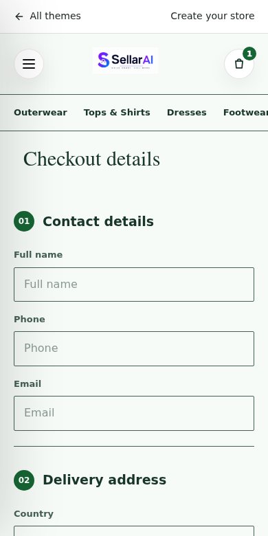 SellarAI sample checkout with contact and delivery fields